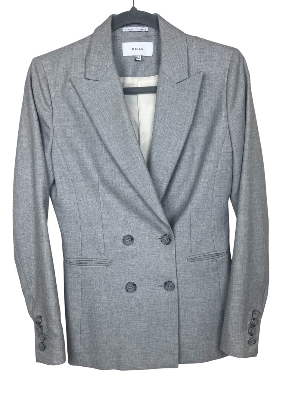 REISS London Double Breasted Blazer Light Gray Wool Silk Linen Blend Size US 6